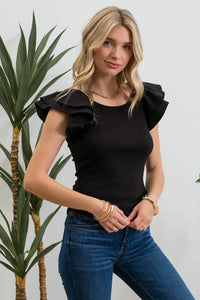 Double Ruffle Sleeve Ribbed Knit Top
