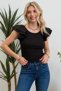 Double Ruffle Sleeve Ribbed Knit Top