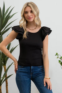 Double Ruffle Sleeve Ribbed Knit Top