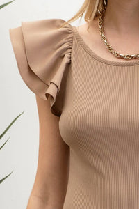 Double Ruffle Sleeve Ribbed Knit Top