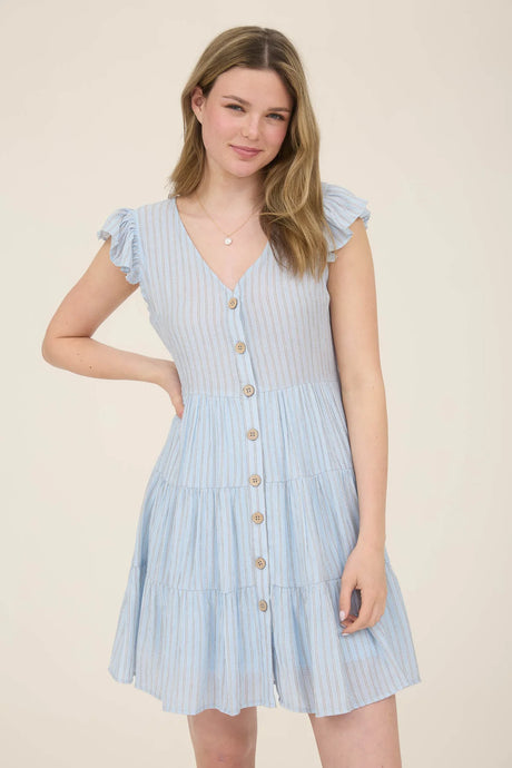 Stripe V-neck Button Down Tiered Mini Dress