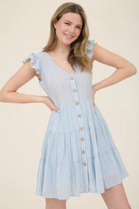 Stripe V-neck Button Down Tiered Mini Dress