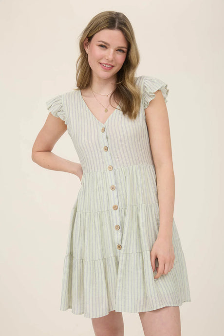 Stripe V-neck Button Down Tiered Mini Dress