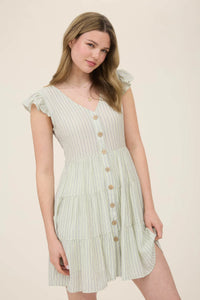 Stripe V-neck Button Down Tiered Mini Dress