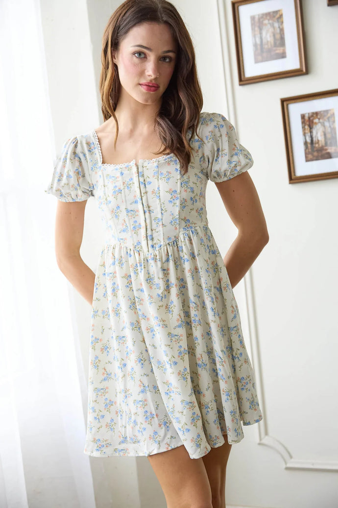 Floral Lace Trim Front Hook & Eye Mini Dress