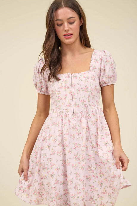 Floral Lace Trim Front Hook & Eye Mini Dress