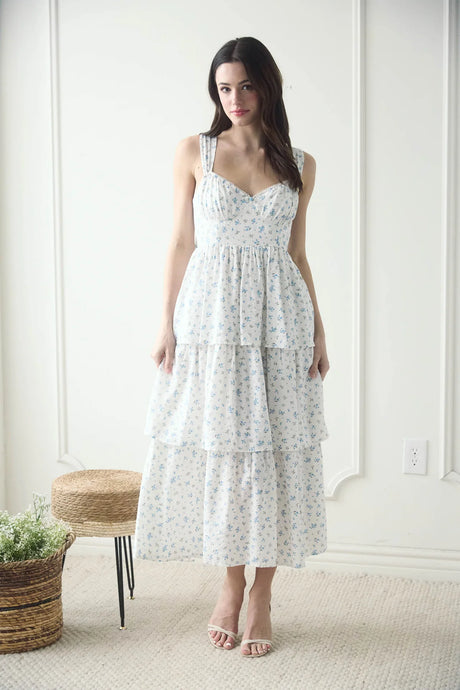 Floral Sleeves Corset Ruffle Tiered Midi Dress