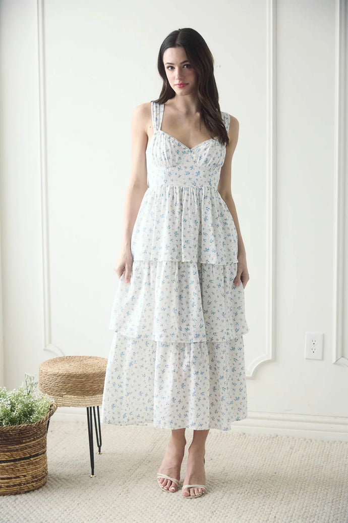 Floral Sleeves Corset Ruffle Tiered Midi Dress