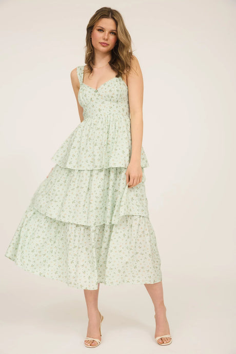 Floral Sleeves Corset Ruffle Tiered Midi Dress