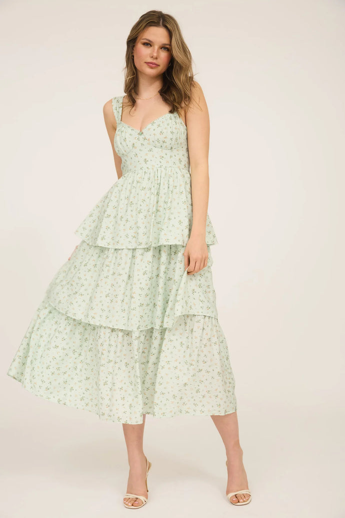 Floral Sleeves Corset Ruffle Tiered Midi Dress