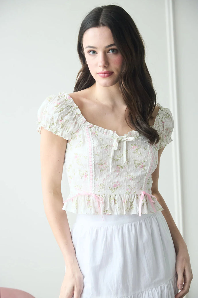 Floral Clip Dot Ribbon Detail Crop Top