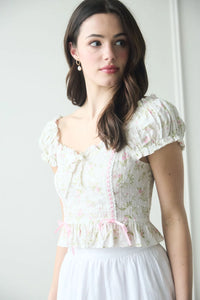 Floral Clip Dot Ribbon Detail Crop Top