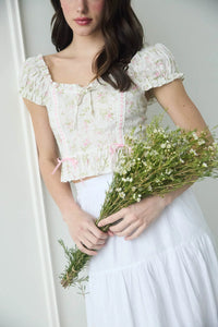 Floral Clip Dot Ribbon Detail Crop Top