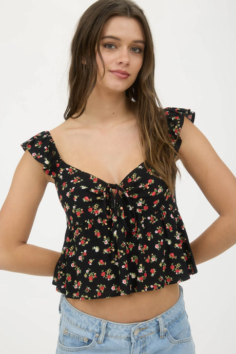 Floral Clip Dot Front Tie with Cut-out Crop Top