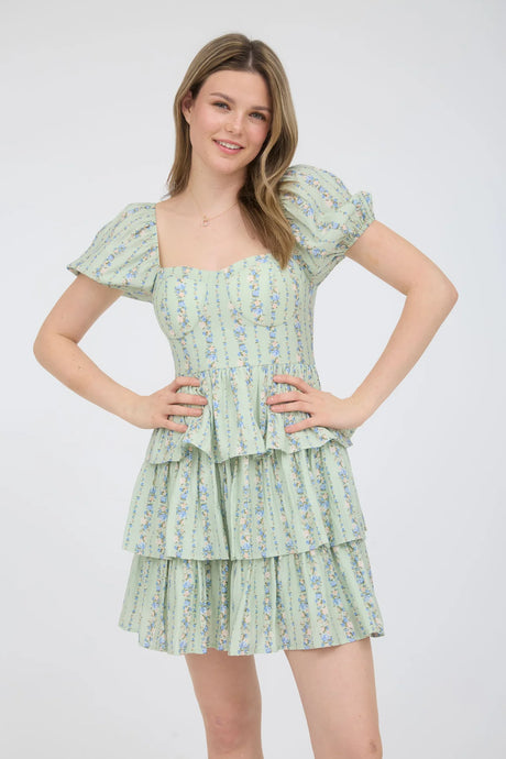 Stripe Floral Puff Sleeve Ruffle Tiered Mini Dress