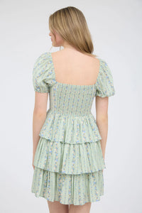 Stripe Floral Puff Sleeve Ruffle Tiered Mini Dress