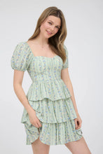 Load image into Gallery viewer, Stripe Floral Puff Sleeve Ruffle Tiered Mini Dress