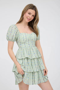 Stripe Floral Puff Sleeve Ruffle Tiered Mini Dress