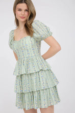 Load image into Gallery viewer, Stripe Floral Puff Sleeve Ruffle Tiered Mini Dress