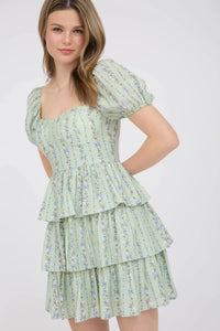 Stripe Floral Puff Sleeve Ruffle Tiered Mini Dress