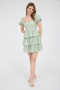 Stripe Floral Puff Sleeve Ruffle Tiered Mini Dress