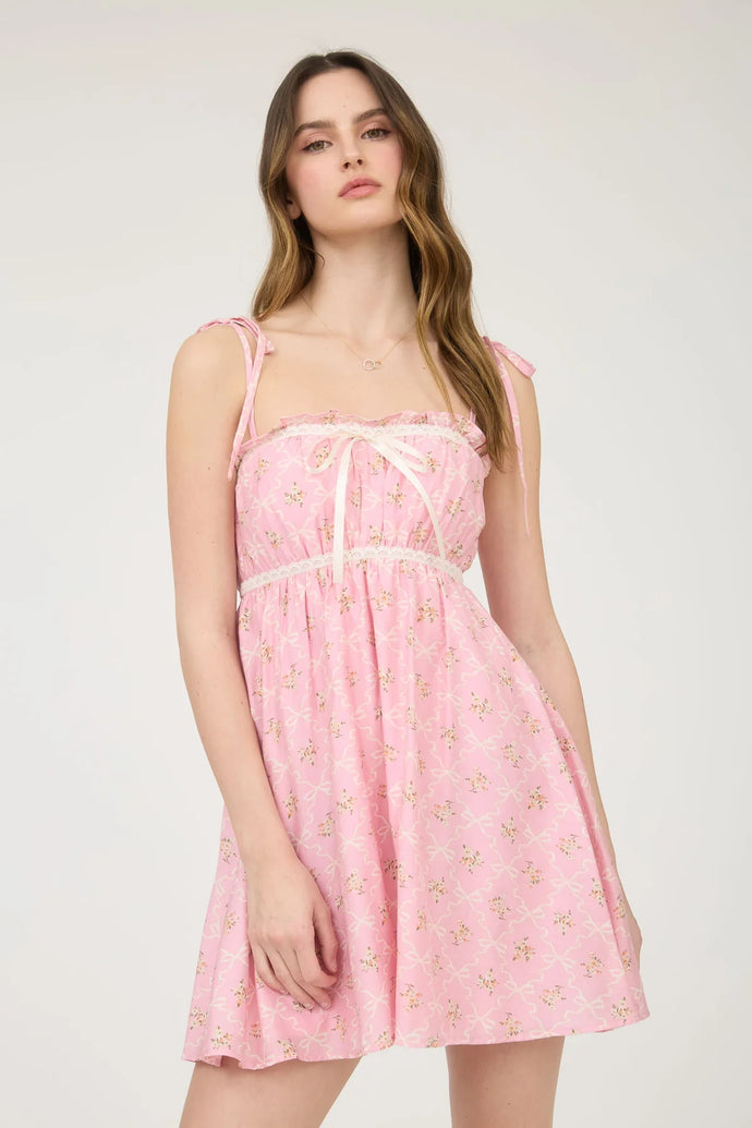 Floral Bow Pattern Tie Strap Mini Dress