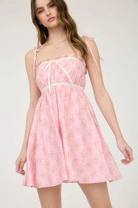 Floral Bow Pattern Tie Strap Mini Dress