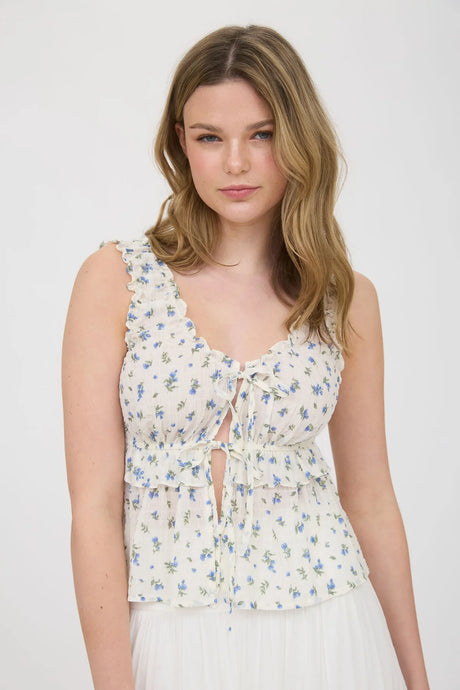 Floral Print Lettuce Trim Front Tie Top