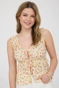 Floral Print Lettuce Trim Front Tie Top