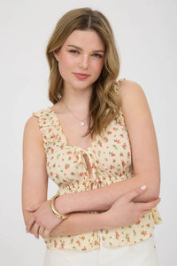 Floral Print Lettuce Trim Front Tie Top