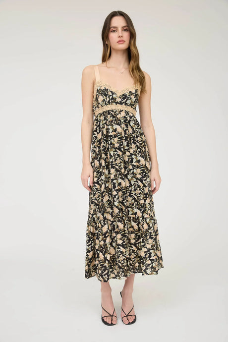 Floral lace trim, Ribbon strap back tie midi dress