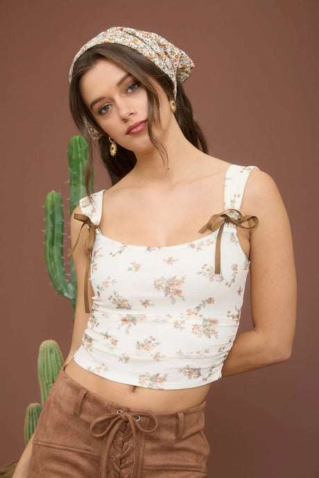 Floral Ribbon Bow Detail Sleeveless Crop Top