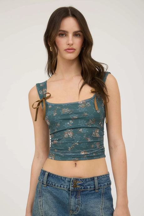 Floral Ribbon Bow Detail Sleeveless Crop Top