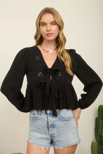 Load image into Gallery viewer, Floral Eyelet Embroidery Front Tie Long Sleeve Top