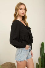 Load image into Gallery viewer, Floral Eyelet Embroidery Front Tie Long Sleeve Top