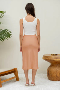 Satin Side Slit Midi Skirt