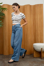 Load image into Gallery viewer, Stripe Short Sleeve Button Down Knit Croop Top