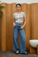 Load image into Gallery viewer, Stripe Short Sleeve Button Down Knit Croop Top
