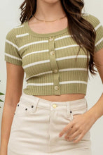 Load image into Gallery viewer, Stripe Short Sleeve Button Down Knit Croop Top
