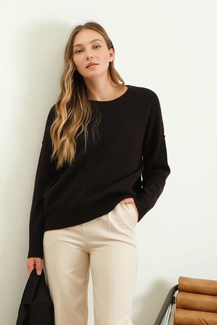 Solid Crewneck Front Seam Knit Sweater