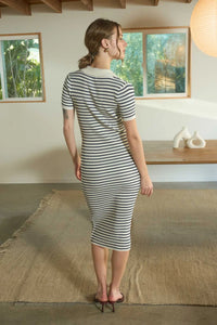 Stripe Collared Short Sleeve Knit Midi Dress