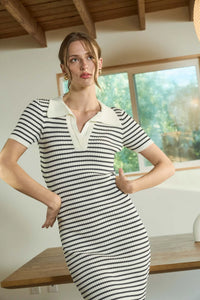 Stripe Collared Short Sleeve Knit Midi Dress