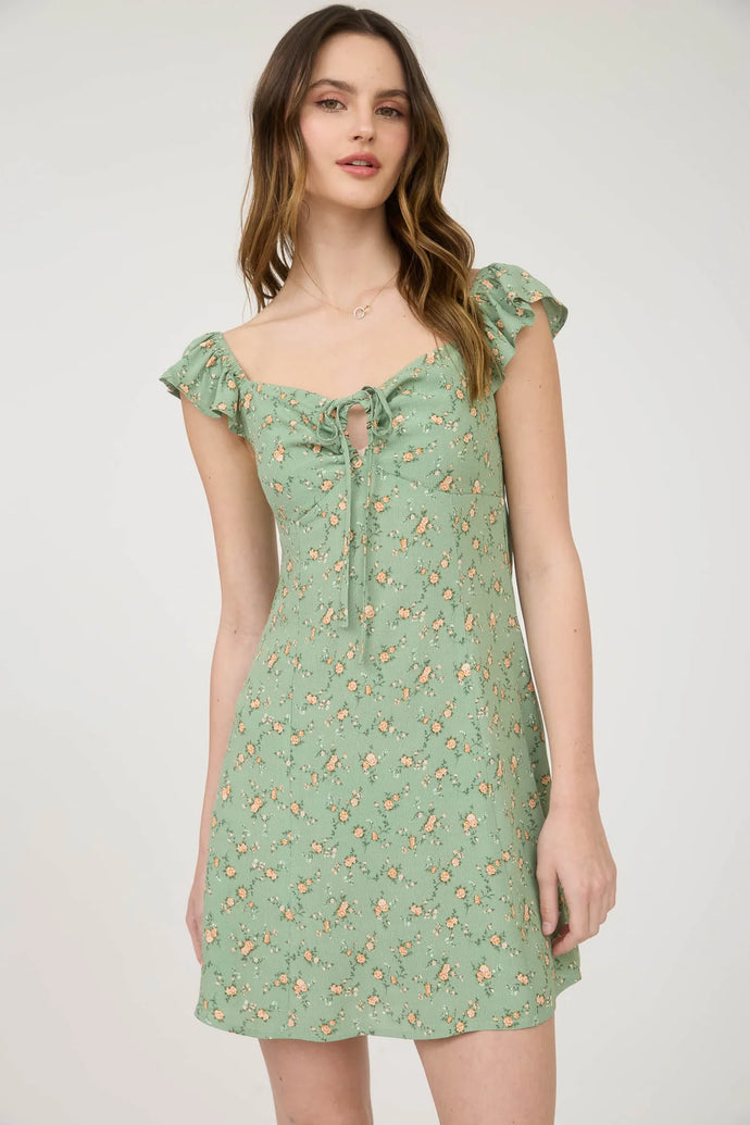 Floral Front Cut-out with Tie Mini Dress