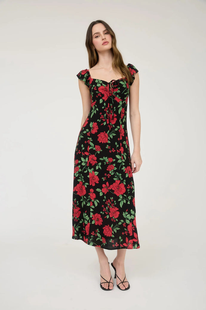 Floral Front Tie with Cut-out Midi Dress