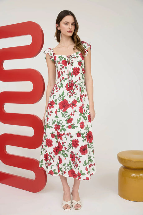 Floral Front Tie with Cut-out Midi Dress