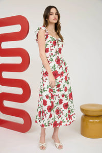Floral Front Tie with Cut-out Midi Dress