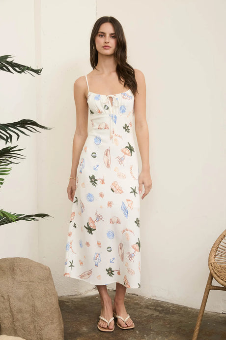 Summer Print Front Tie Spaghetti Midi Dress