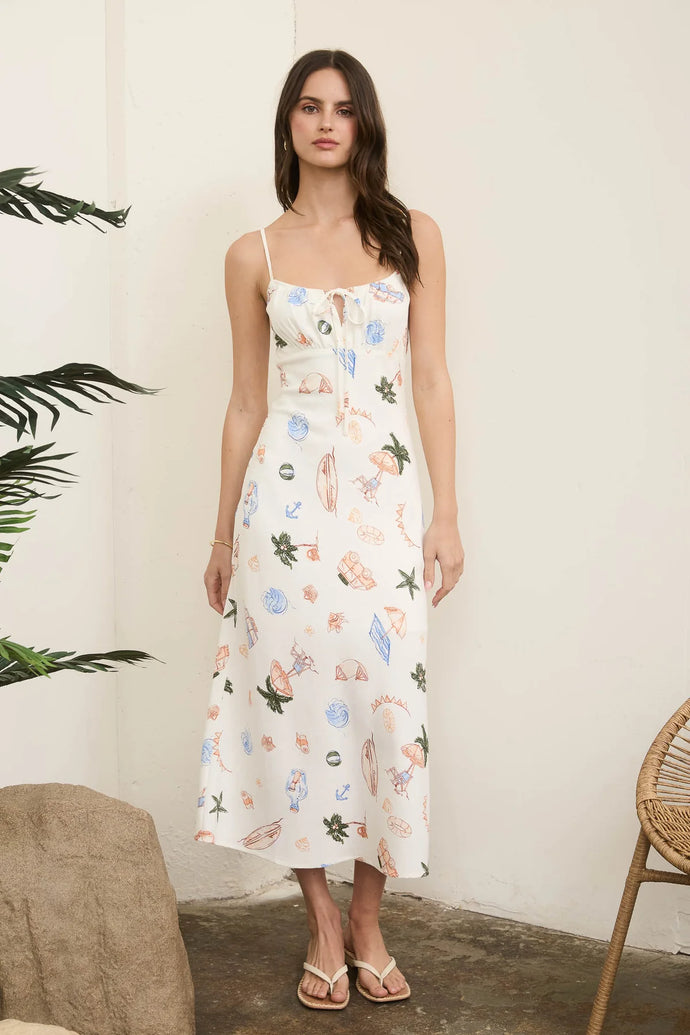 Summer Print Front Tie Spaghetti Midi Dress