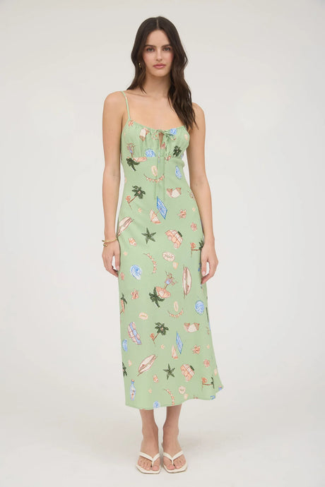 Summer Print Front Tie Spaghetti Midi Dress