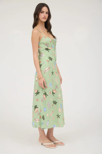 Summer Print Front Tie Spaghetti Midi Dress